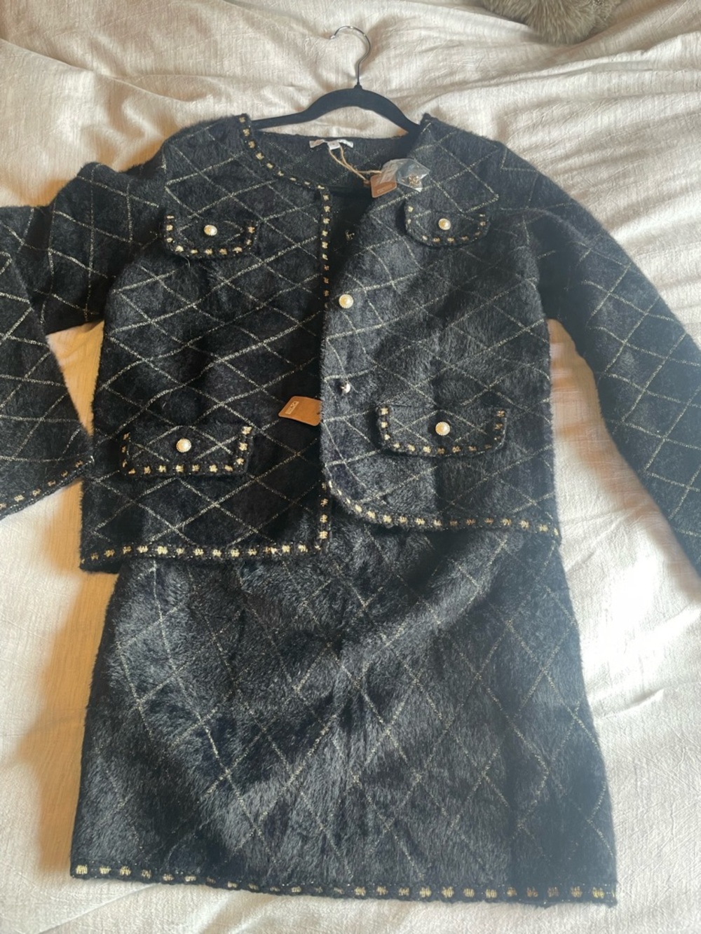 RIHOAS NWT Black Quilted Tweed Jacket and Skirt Set with Gold Studs